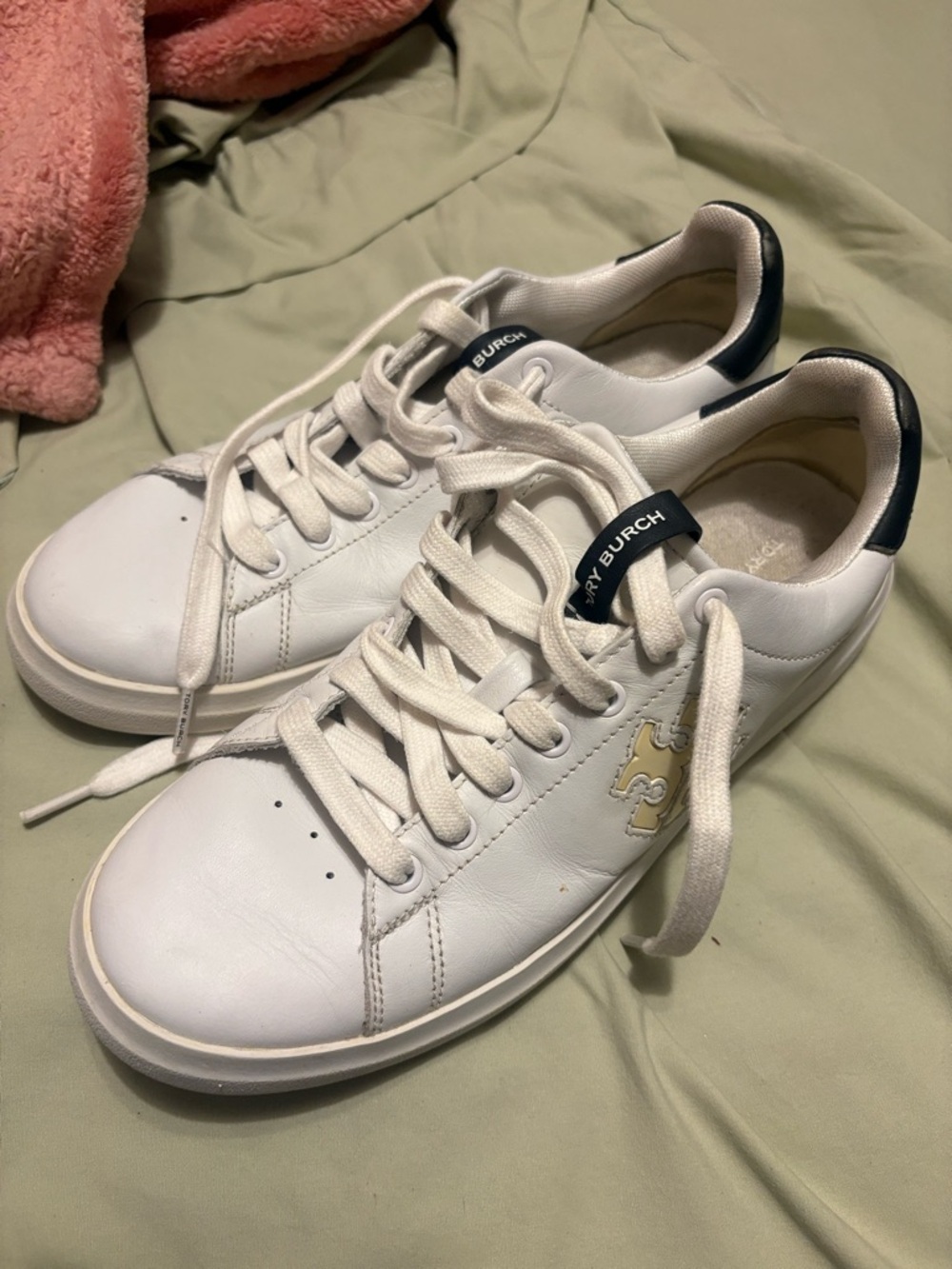 Tory Burch White Leather Sneakers with Navy Accents